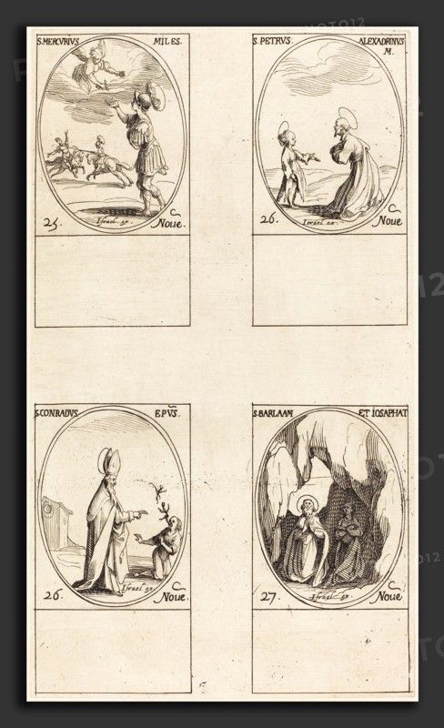 Jacques Callot (French, 1592 - 1635), St. Mercury; St. Peter of Alexandria; St. Conrad; Sts. Barlaam and Josaphat, etching