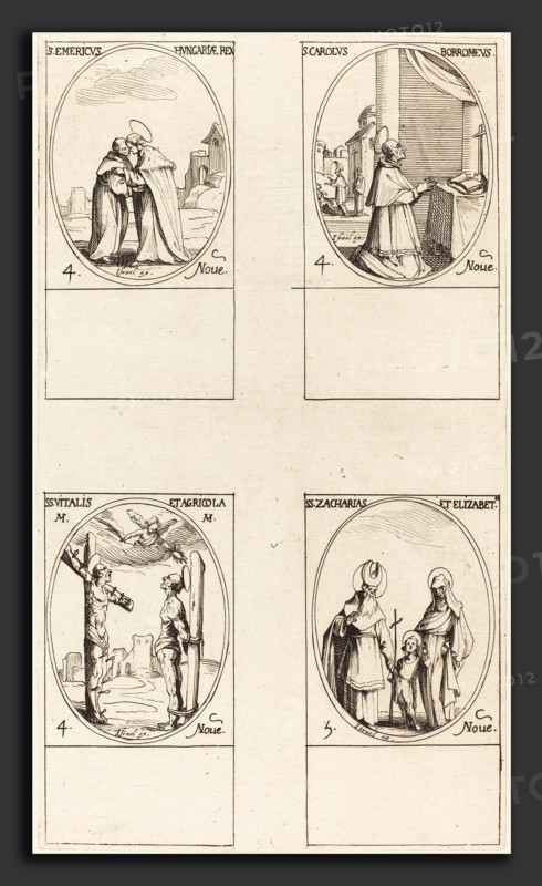 Jacques Callot (French, 1592 - 1635), St. Emeric; St. Charles Borromeo;  St. Vitalis & Agricola; Sts. Zachary & Elizabeth, etching