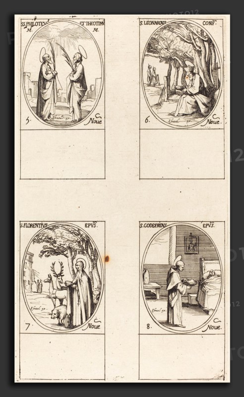 Jacques Callot (French, 1592 - 1635), Sts. Philoteus and Theotimus; St. Leonard; St. Florentinus; St. Godfrey, etching