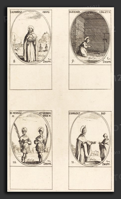 Jacques Callot (French, 1592 - 1635), St. Romaricus; St. Leocadia; Sts. Mennas and Hermogenes; St. Damasus, etching