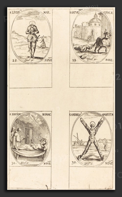 Jacques Callot (French, 1592 - 1635), St. Liverius; St. Saturninus; St. T(I?)oscion; St. Andrew, etching