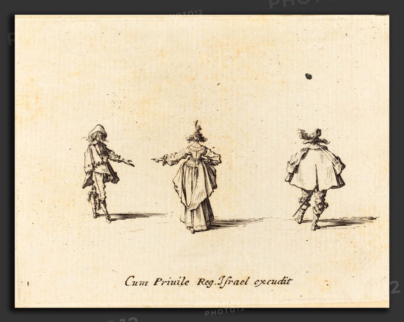 Jacques Callot (French, 1592 - 1635), Lady with Outstretched Arm,  Seen from Behind, and Two Gentlemen, probably 1634, etching