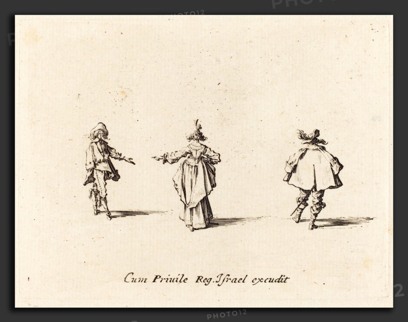 Jacques Callot (French, 1592 - 1635), Lady with Outstretched Arm,  Seen from Behind, and Two Gentlemen, probably 1634, etching