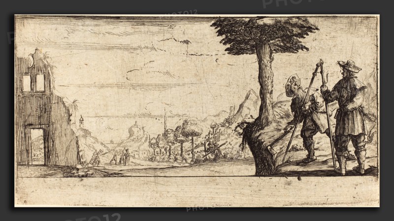 after Jacques Callot, Landscape with Two Pilgrims, etching