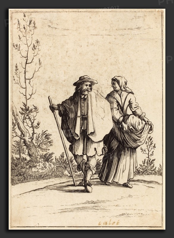 after Jacques Callot, Beggar Couple, with Landscape in Background, 17th century, etching