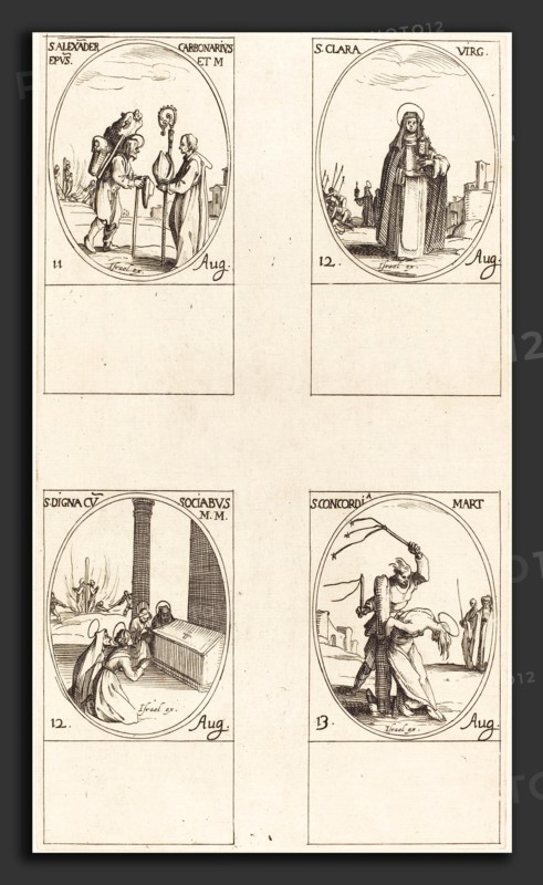 Jacques Callot (French, 1592 - 1635), St. Alexander Carbonarius; St. Clare; St. Digna and Companions; St. Concordia, etching