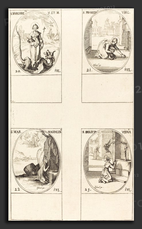Jacques Callot (French, 1592 - 1635), St. Margaret of Antioch; St. Praxedes; St. Mary Magdalene; St. Bridget of Sweden, etching