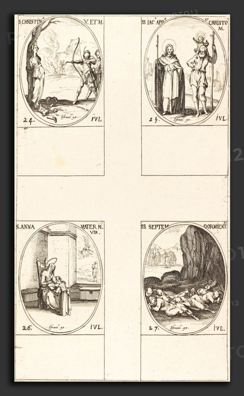 Jacques Callot (French, 1592 - 1635), St. Christina; St. James, Apostle, and St. Christopher; St. Anne; Seven Sleepers of E, etching