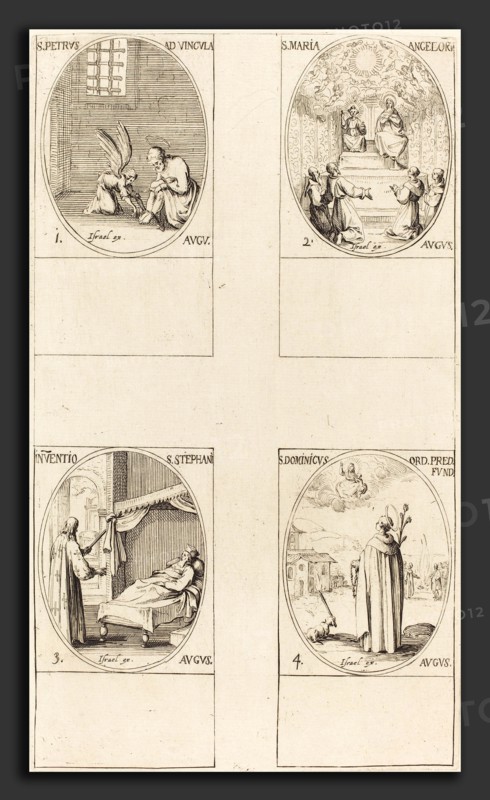 Jacques Callot (French, 1592 - 1635), St. Peter, Apostle; St. Mary of Angels; Discovery of the Body of St. Stephen; St. Dom, etching