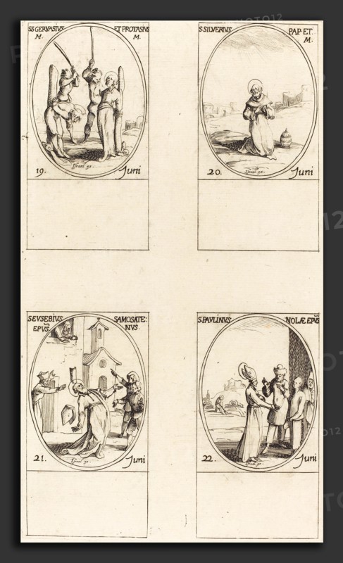 Jacques Callot (French, 1592 - 1635), Sts. Gervase & Protase; St. Silverius; St. Eusebius of Samosata; St. Paulinus of Nola, etching