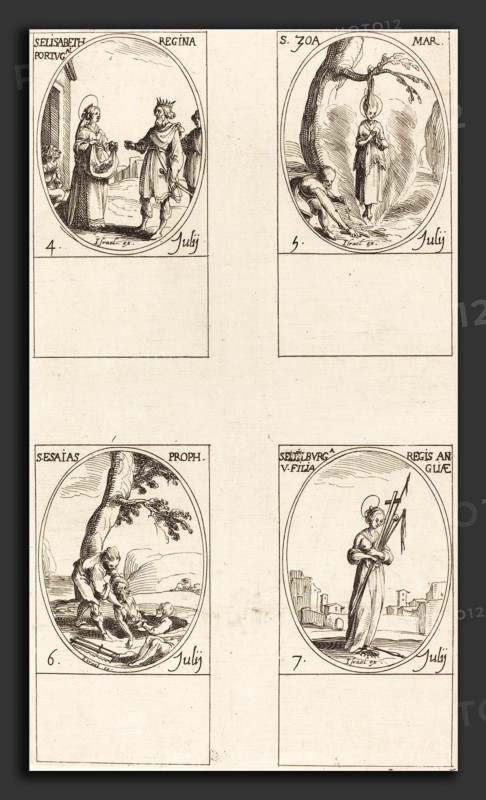 Jacques Callot (French, 1592 - 1635), St. Elizabeth of Portugal; St. Zoe;  St. Isaiah, Prophet; St. Edelburge, etching