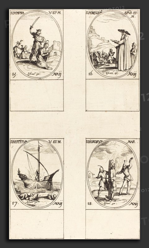 Jacques Callot (French, 1592 - 1635), St. Dympna; St. Peregrinus; St. Restituta; St. Dioscorus, etching