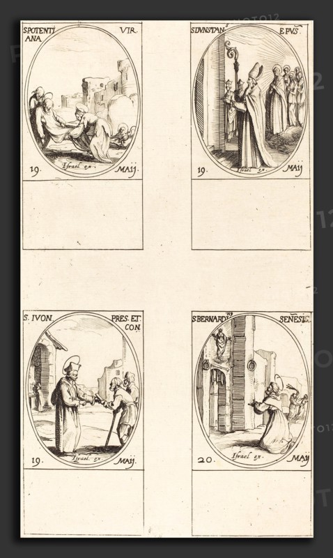 Jacques Callot (French, 1592 - 1635), St. Potentiana; St. Dunstan; St. Yvo; St. Bernardinus of Siena, etching