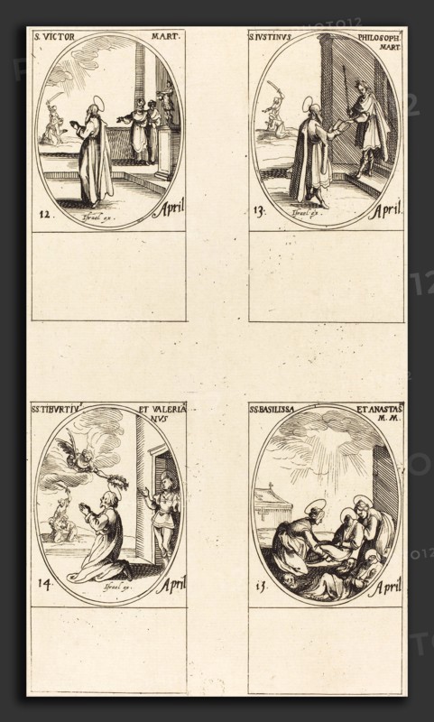 Jacques Callot (French, 1592 - 1635), St. Victor; St. Justinus; Sts. Tiburtius and Valerianus; Sts. Basilissa and Anastasia, etching