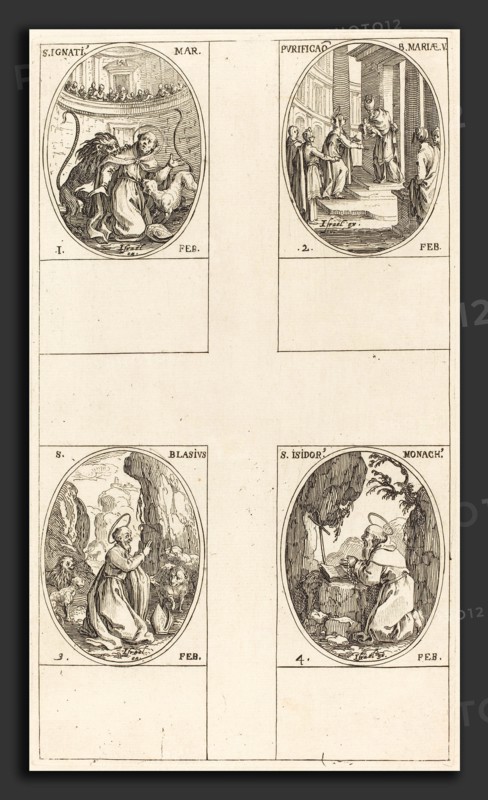 Jacques Callot (French, 1592 - 1635), St. Ignatius; Purification of the Virgin;  St. Blaise; St. Isidore, etching