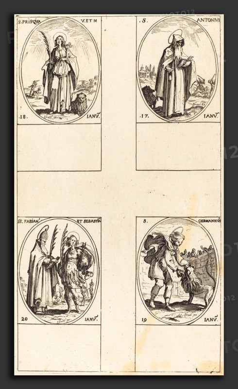 Jacques Callot (French, 1592 - 1635), St. Anthony; St. Prisca; St. Germanicus;  Sts. Fabian and Sebastian, etching
