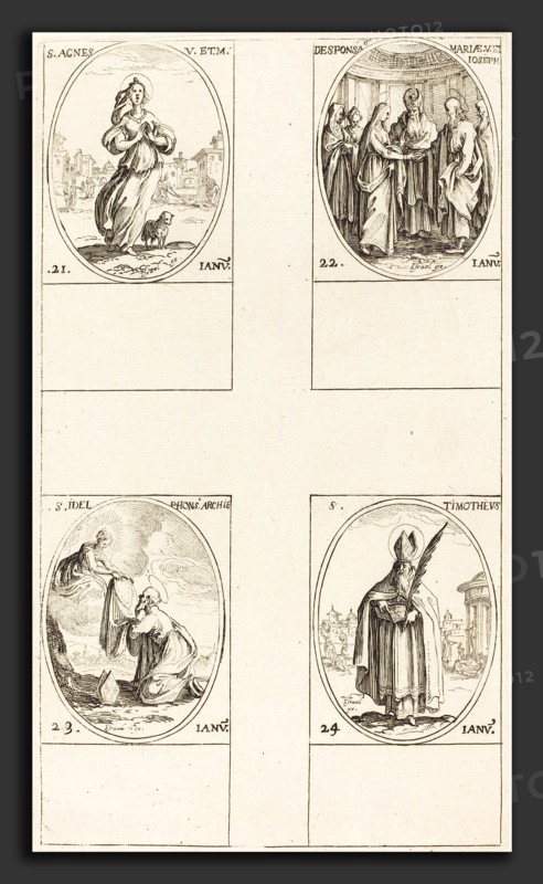Jacques Callot (French, 1592 - 1635), St. Agnes; The Marriage of the Virgin; St. Ildefonsus; St. Timothy, etching