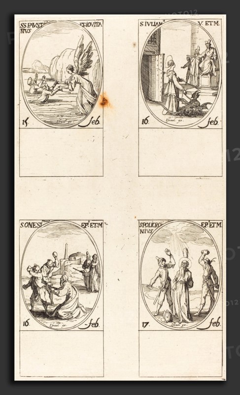 Jacques Callot (French, 1592 - 1635), Sts. Faustinus and Jovita; St. Juliana; St. Onesimus; St. Policronius, etching