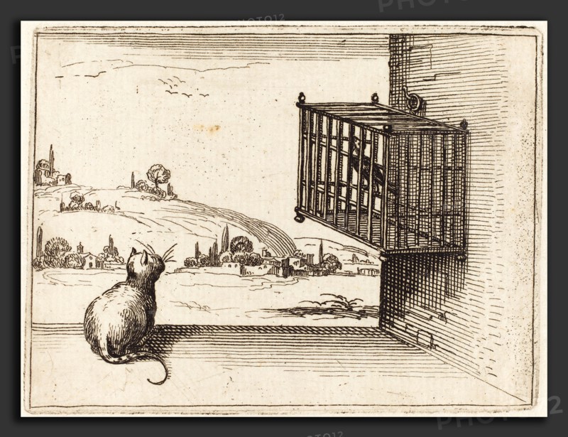Jacques Callot (French, 1592 - 1635), Cat Watching Caged Bird, 1628, etching