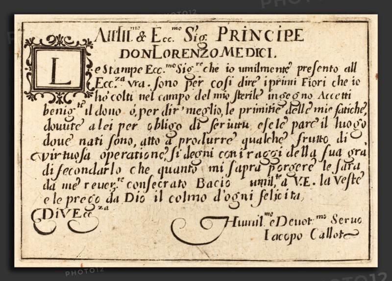 Jacques Callot (French, 1592 - 1635), Dedication to Don Lorenzo de' Medici, c. 1622, etching