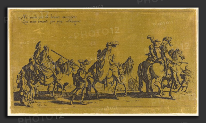 Jacques Callot (French, 1592 - 1635), The Bohemians Marching: The Vanguard, probably 18th century, etching and engraving on gold colored silk