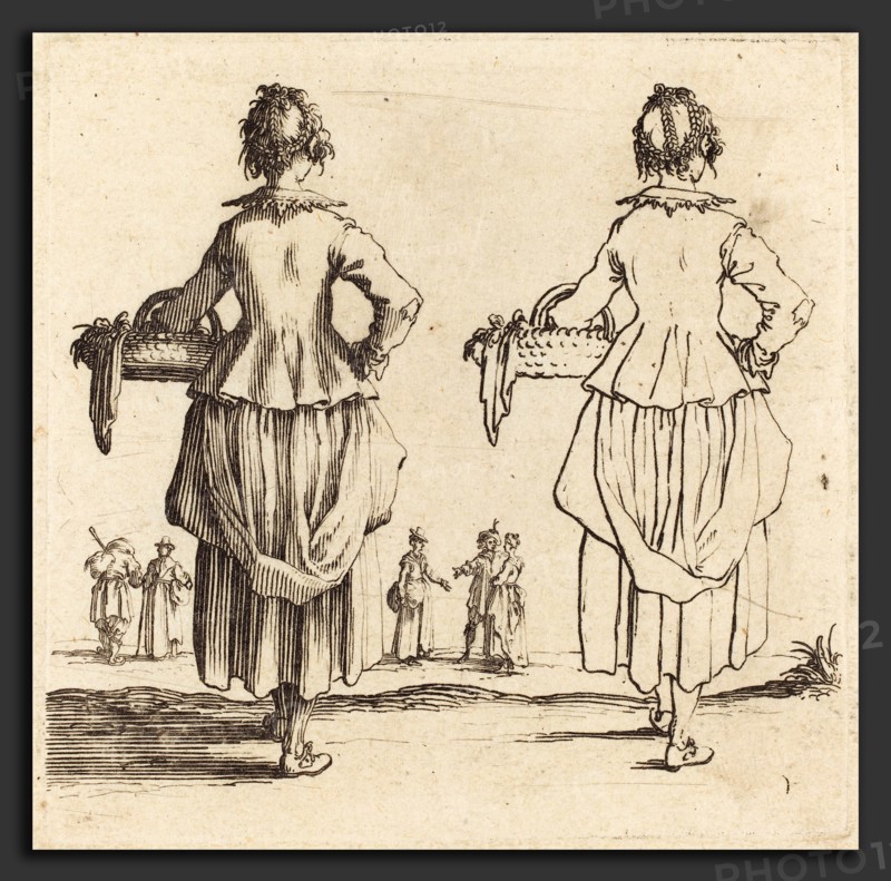 Jacques Callot (French, 1592 - 1635), Peasant Woman with Basket, Seen from Behind, 1617 and 1621, etching