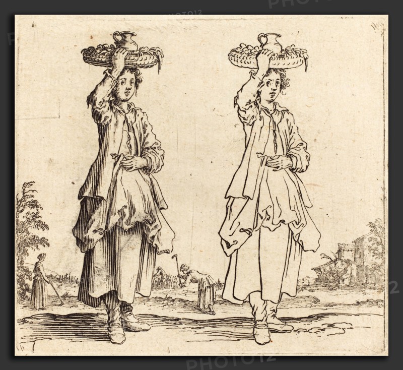 Jacques Callot (French, 1592 - 1635), Peasant Woman with Basket on Head, Front View, 1617 and 1621, etching