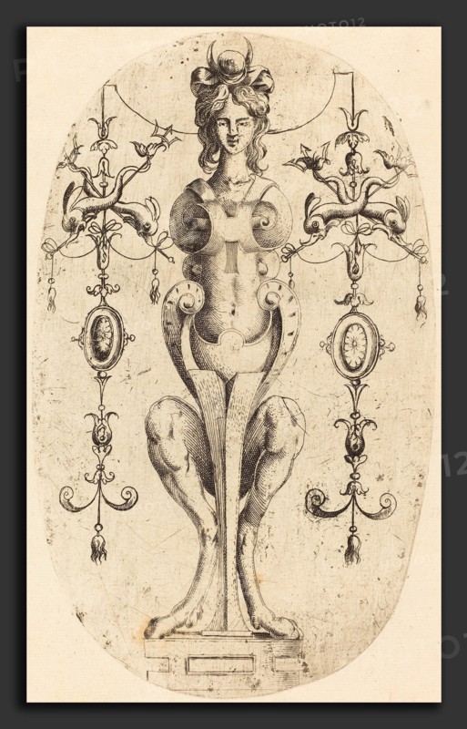 Jean Mignon (French, active 1543 - active c. 1545), Sphinx Wearing a Crescent on Her Head, etching
