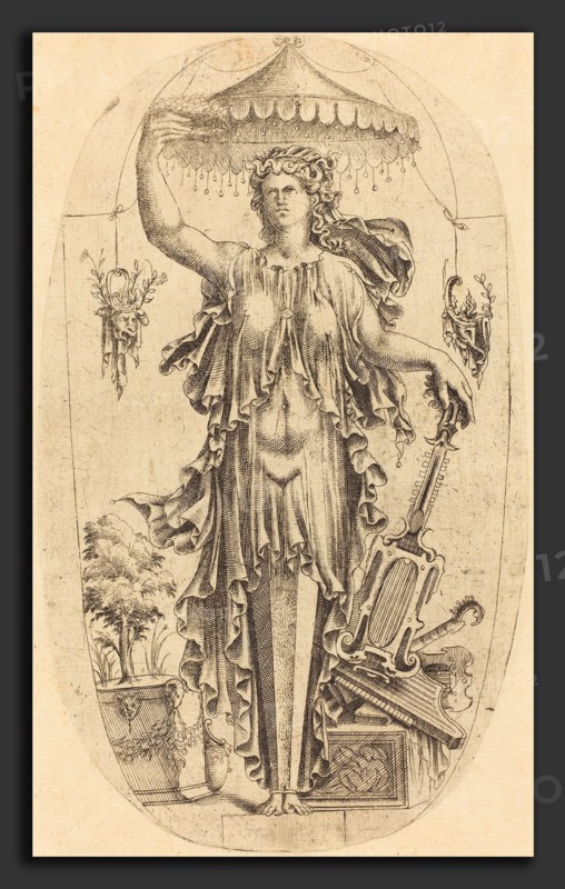 Jean Mignon (French, active 1543 - active c. 1545), Woman with Musical Instrument, etching