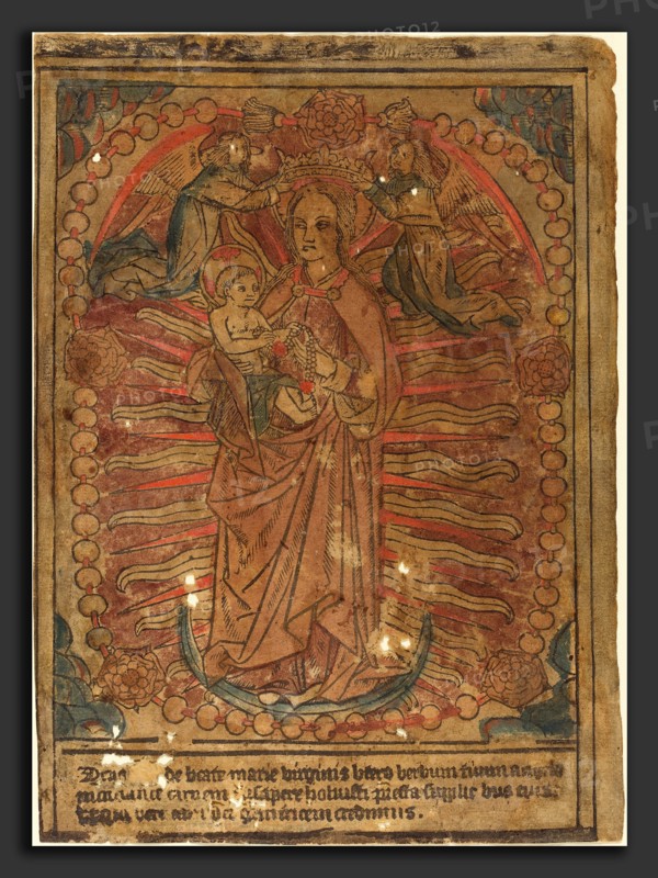French 15th Century, The Madonna and Child in a Rosary, c. 1490, woodcut, hand-colored in mauve purple, vermilion, gray-blue, probably by stencil