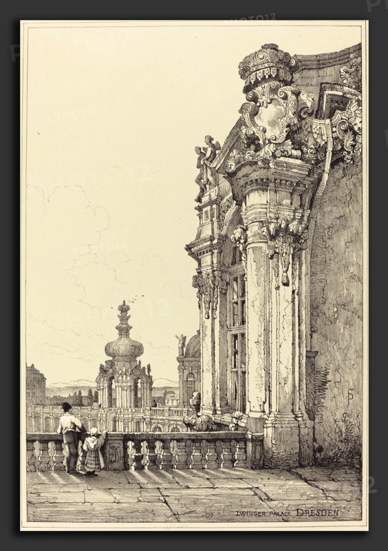 Samuel Prout (British, 1783 - 1852), Zwinger Palace, Dresden, lithograph touched with white gouache on wove paper