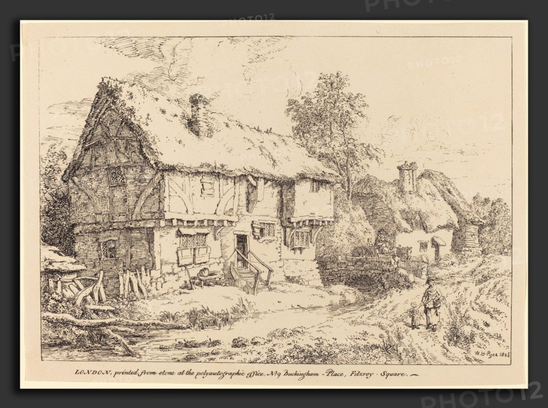William Henry Pyne (British, 1769 - 1843), Old Cottages, 1806, pen-and-tusche lithograph