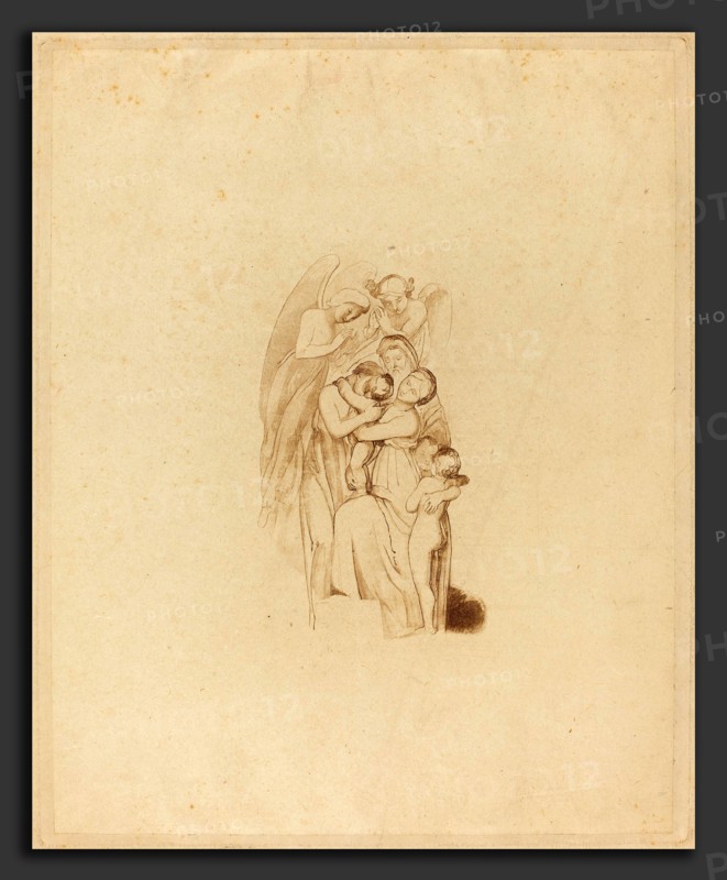 British 19th Century, Holy Family? with Angels, The March of the Intellect, 19th century, etching and aquatint in brown on papier colle