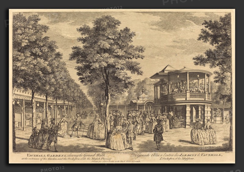 Johann Sebastian MÃ¼ller after Samuel Wale (German, 1715 - 1785 or after), Vauxhall Gardens shewing the Grand Walk at the Entrance of the Garden and the Orchestra with Musick Playing, 1751, etching and engraving