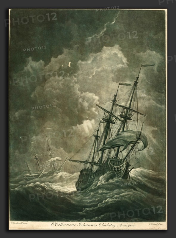 Elisha Kirkall after Willem van de Velde the Elder (English, c. 1682 - 1742), Shipping Scene from the Collection of John Chicheley, 1720s, mezzotint and etching printed in green and black on laid paper