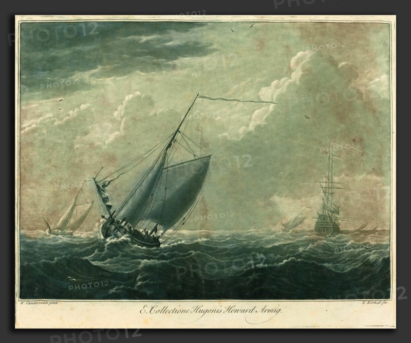 Elisha Kirkall after Willem van de Velde the Elder (English, c. 1682 - 1742), Shipping Scene from the Collection of Hugo Howard, 1720s, mezzotint and etching printed in green and black on laid paper