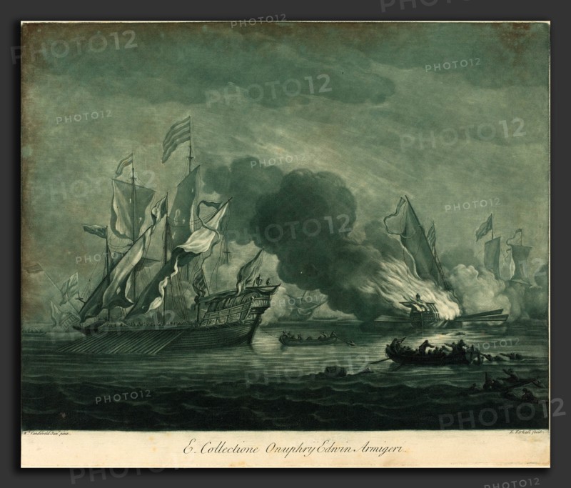 Elisha Kirkall after Willem van de Velde the Elder (English, c. 1682 - 1742), Shipping Scene from the Collection of Onuphrij Edwin, 1720s, mezzotint and etching printed in green and black on laid paper