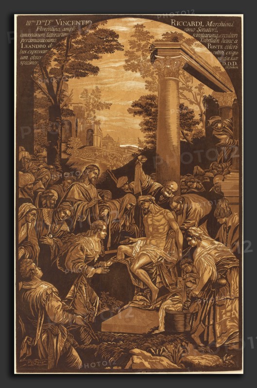 John Baptist Jackson after Leandro Bassano (English, 1701 - c. 1780), The Raising of Lazarus, 1742, chiaroscuro woodcut in browns [trial proof]