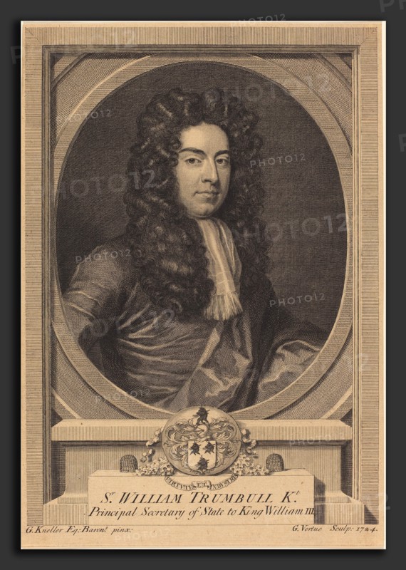 George Vertue after Sir Godfrey Kneller (English, 1684 - 1756), William Trumbull, 1724, engraving and etching on laid paper