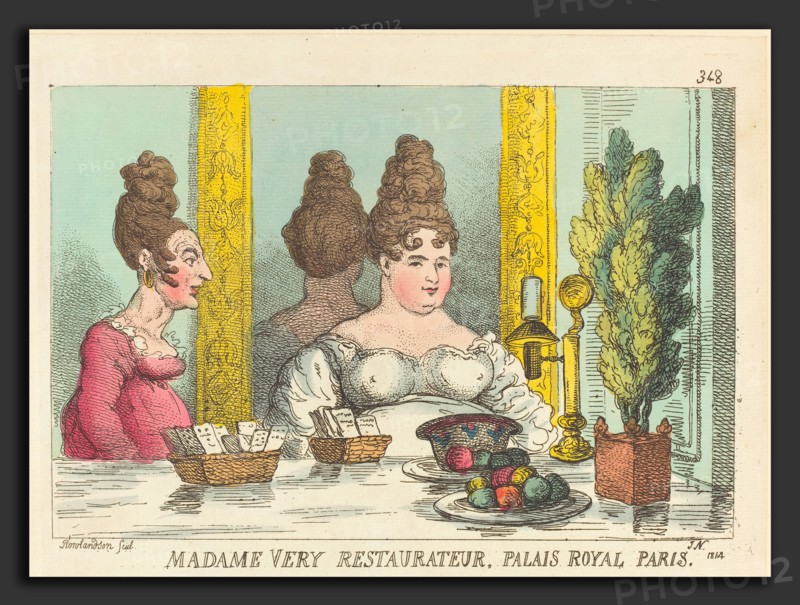 Thomas Rowlandson (British, 1756 - 1827), Madame Very Restaurateur, Palais Royal Paris, 1814, hand-colored etching