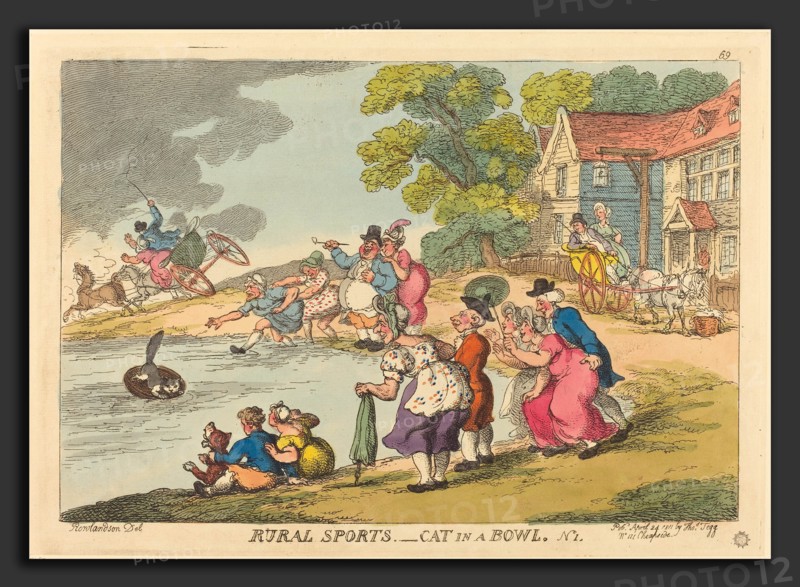 Thomas Rowlandson (British, 1756 - 1827), Rural Sports. Cat in a Bowl. No.1, published 1811, hand-colored etching