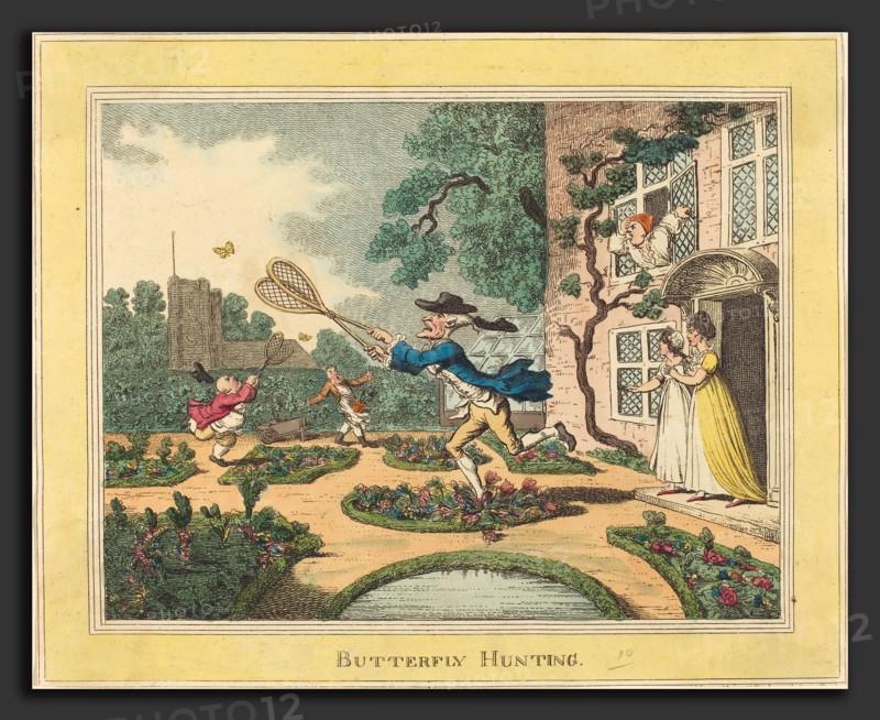 Thomas Rowlandson (British, 1756 - 1827), Butterfly Hunting, 1806, hand-colored etching