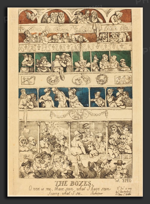 Thomas Rowlandson (British, 1756 - 1827), The Boxes, published 1809, hand-colored etching