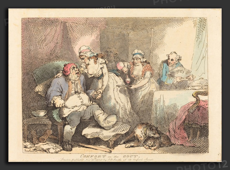 Thomas Rowlandson (British, 1756 - 1827), Comfort in the Gout, 1785, hand-colored etching