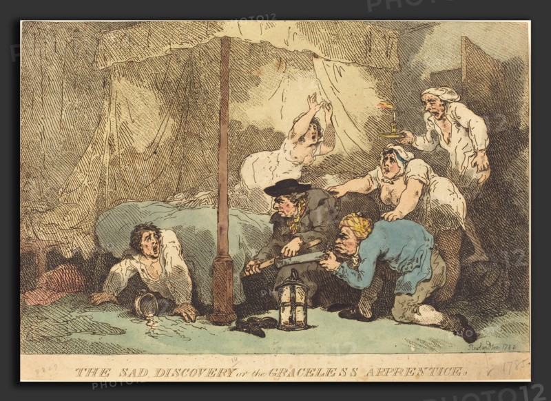 Thomas Rowlandson (British, 1756 - 1827), The Sad Discovery, or The Graceless Apprentice, 1785, hand-colored etching