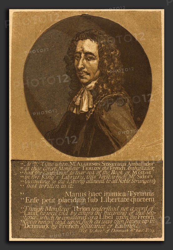 John Baptist Jackson after Justus van Verus (English, 1701 - c. 1780), Algernon Sidney, chiaroscuro woodcut in tan, light brown, light gray, and dark gray