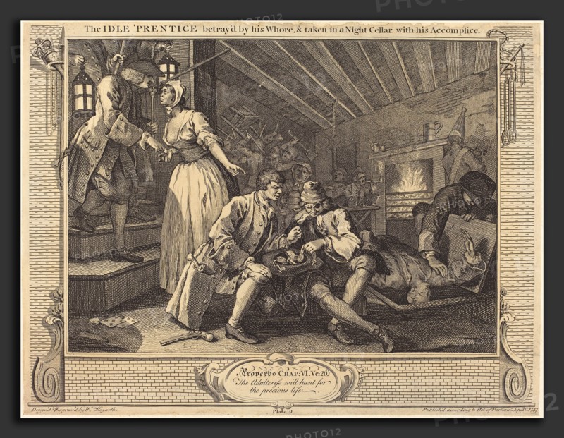 William Hogarth (English, 1697 - 1764), The Idle 'Prentice betray'd by his Whore, & taken in a Night Cellar with his Accomplice, 1747, etching and engraving