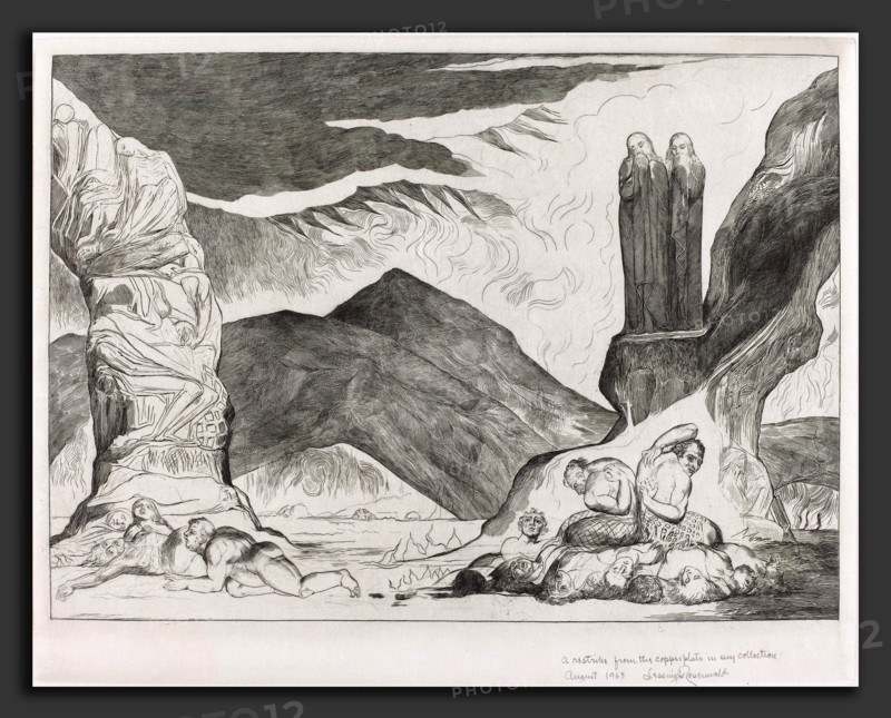 William Blake (British, 1757 - 1827), The Circle of the Falsifiers: Dante and Virgil Covering their Noses because of the stench, 1827