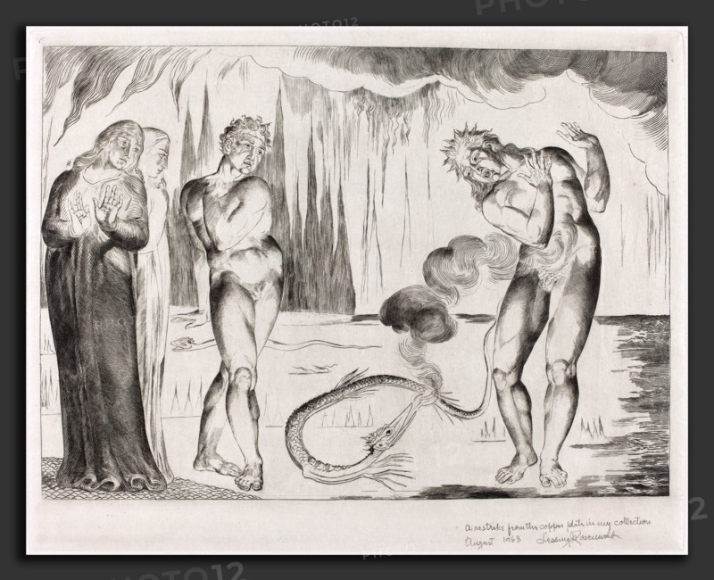 William Blake (British, 1757 - 1827), The Circle of the Thieves; Buoso Donati Attacked by the Serpent, 1827