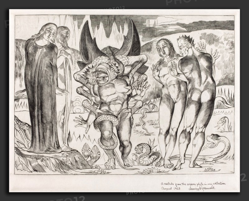 William Blake (British, 1757 - 1827), The Circle of the Thieves; Agnolo Brunelleschi Attacked by a Six-Footed Serpent, 1827